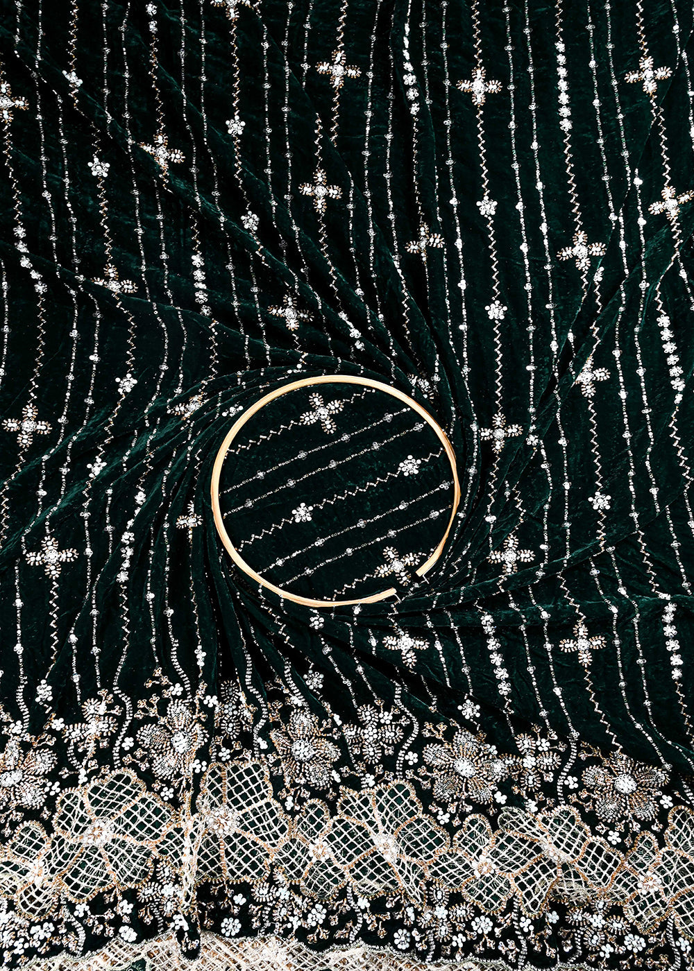 Bottle Green Valvet Fabric With All Over Sequins, Katdana And Bead Work With One Side Cutwork Border 25638
