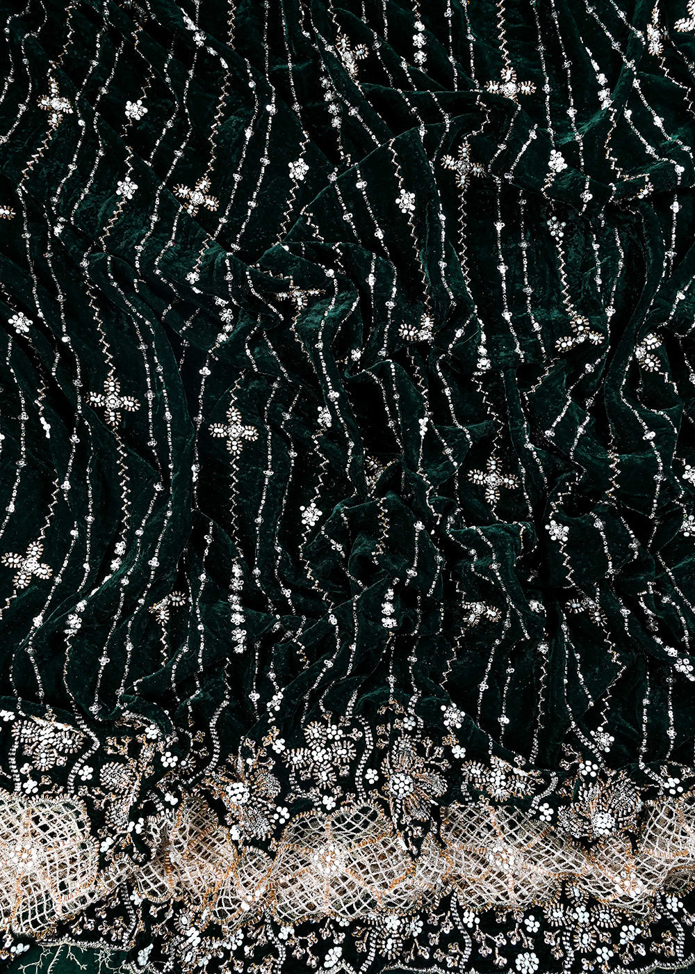 Bottle Green Valvet Fabric With All Over Sequins, Katdana And Bead Work With One Side Cutwork Border 25638