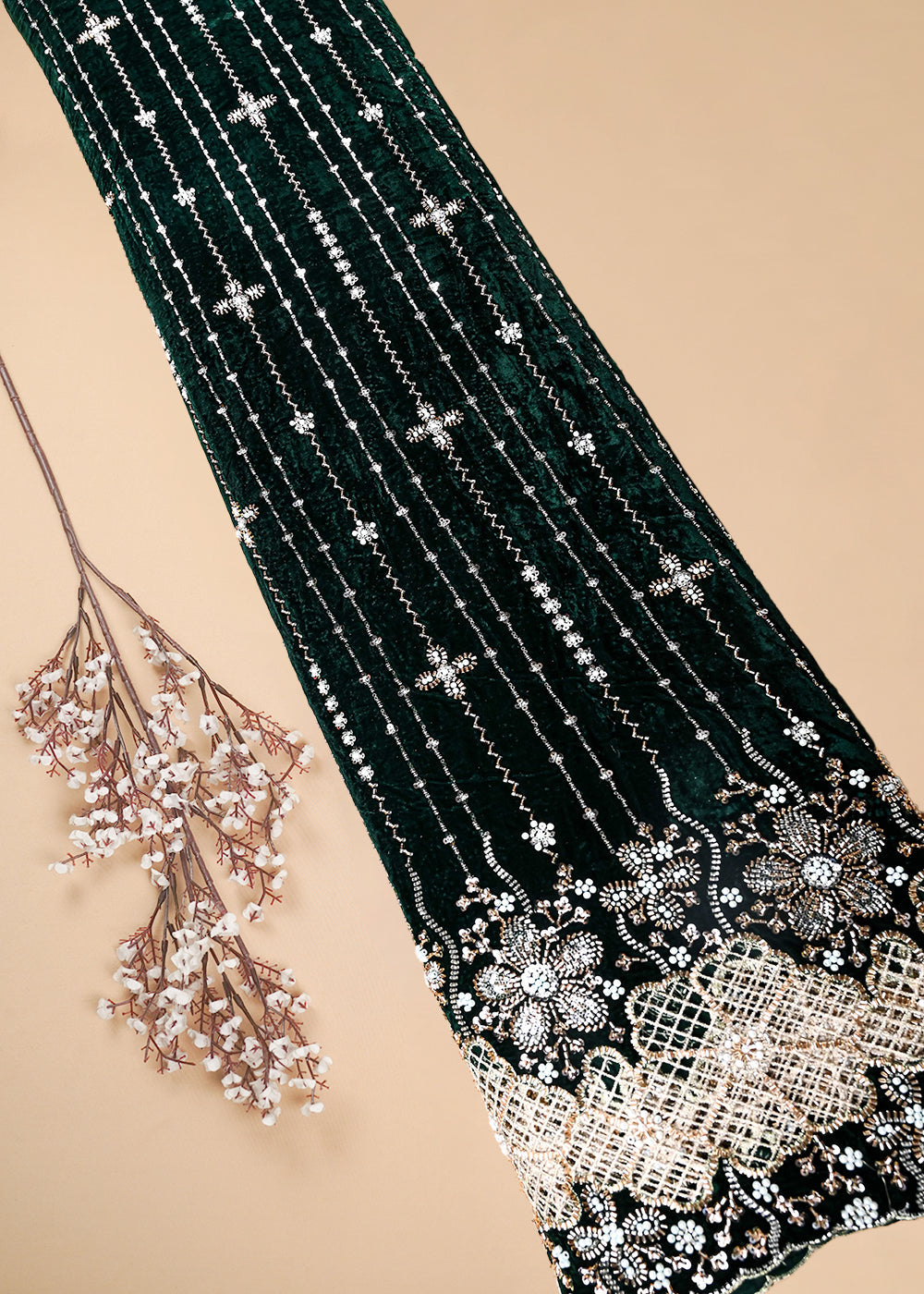 Bottle Green Valvet Fabric With All Over Sequins, Katdana And Bead Work With One Side Cutwork Border 25638