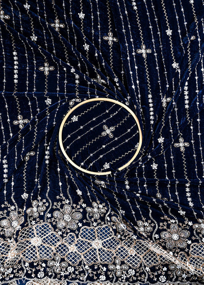 Navy Blue Valvet Fabric With All Over Sequins, Katdana And Bead Work With One Side Cutwork Border 25639