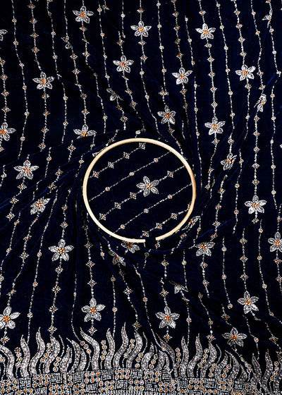 Navy Blue Valvet Fabric With All Over Katdana And Bead Work With One Side Border 25642