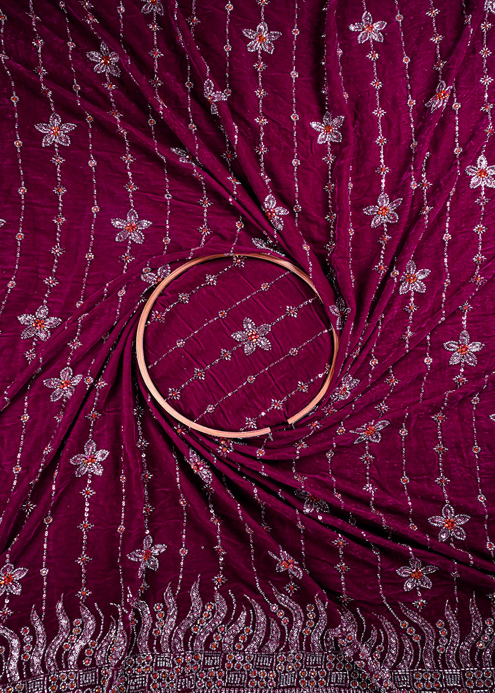 Magenta Valvet Fabric With All Over Katdana And Bead Work With One Side Border 25643