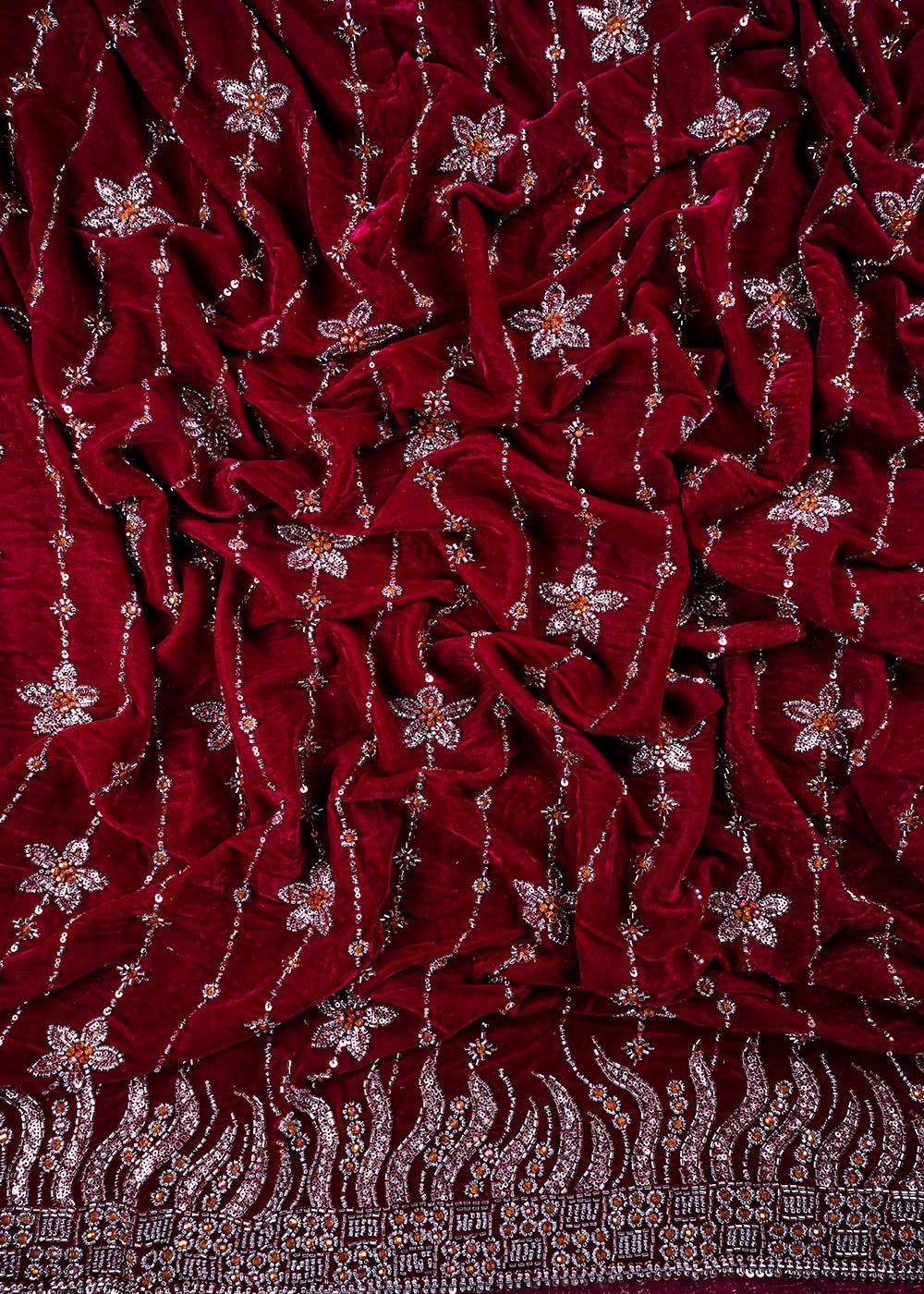 Magenta Valvet Fabric With All Over Katdana And Bead Work With One Side Border 25643