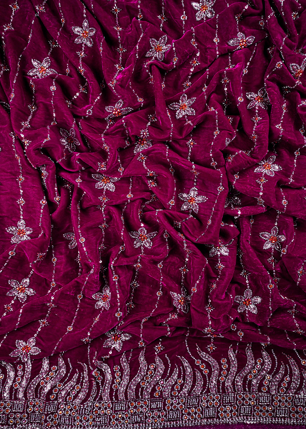 Magenta Valvet Fabric With All Over Katdana And Bead Work With One Side Border 25643