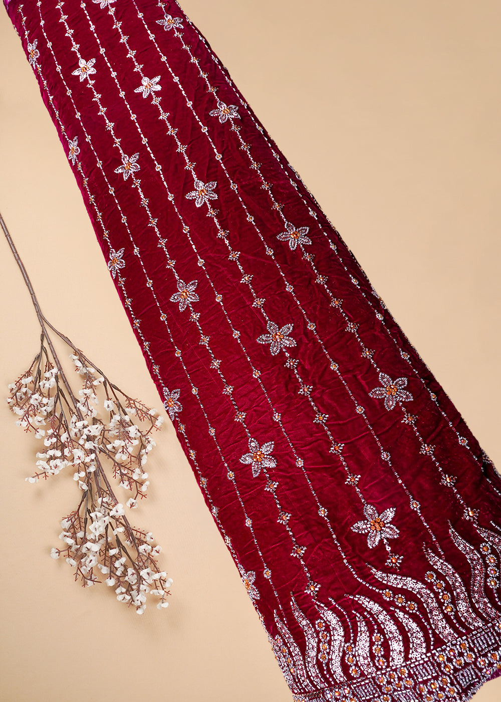 Magenta Valvet Fabric With All Over Katdana And Bead Work With One Side Border 25643