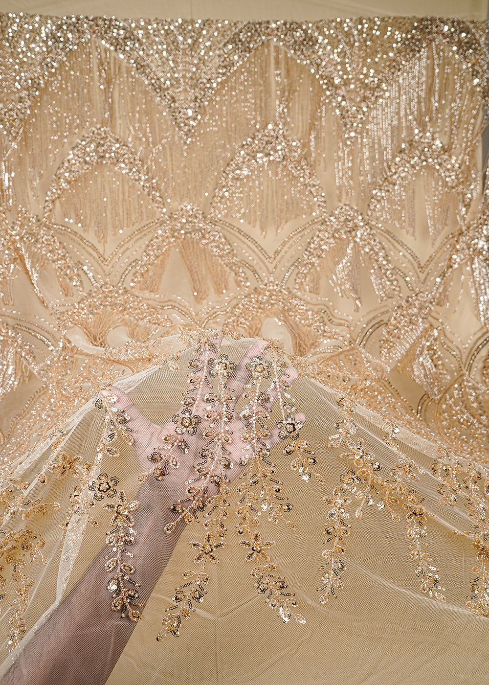 Golden Imported Net Fabric With All Over Sequins And Katdana Work With One Side Heavy Border 25650