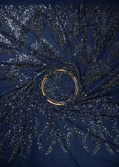 Navy Blue Imported Net Fabric With All Over Sequins And Katdana Work With One Side Heavy Border 25651