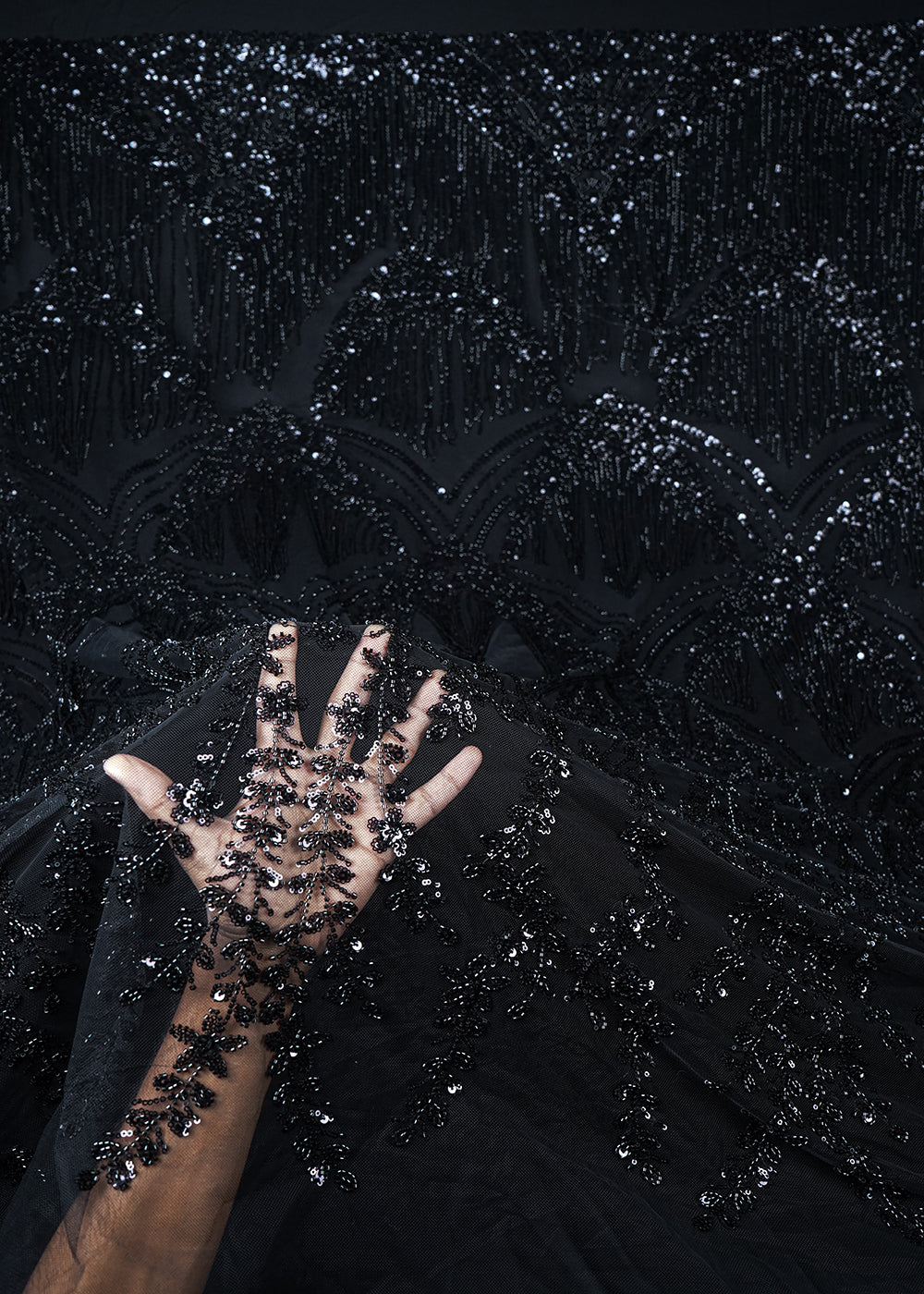 Black Imported Net Fabric With All Over Sequins And Katdana Work With One Side Heavy Border 25652