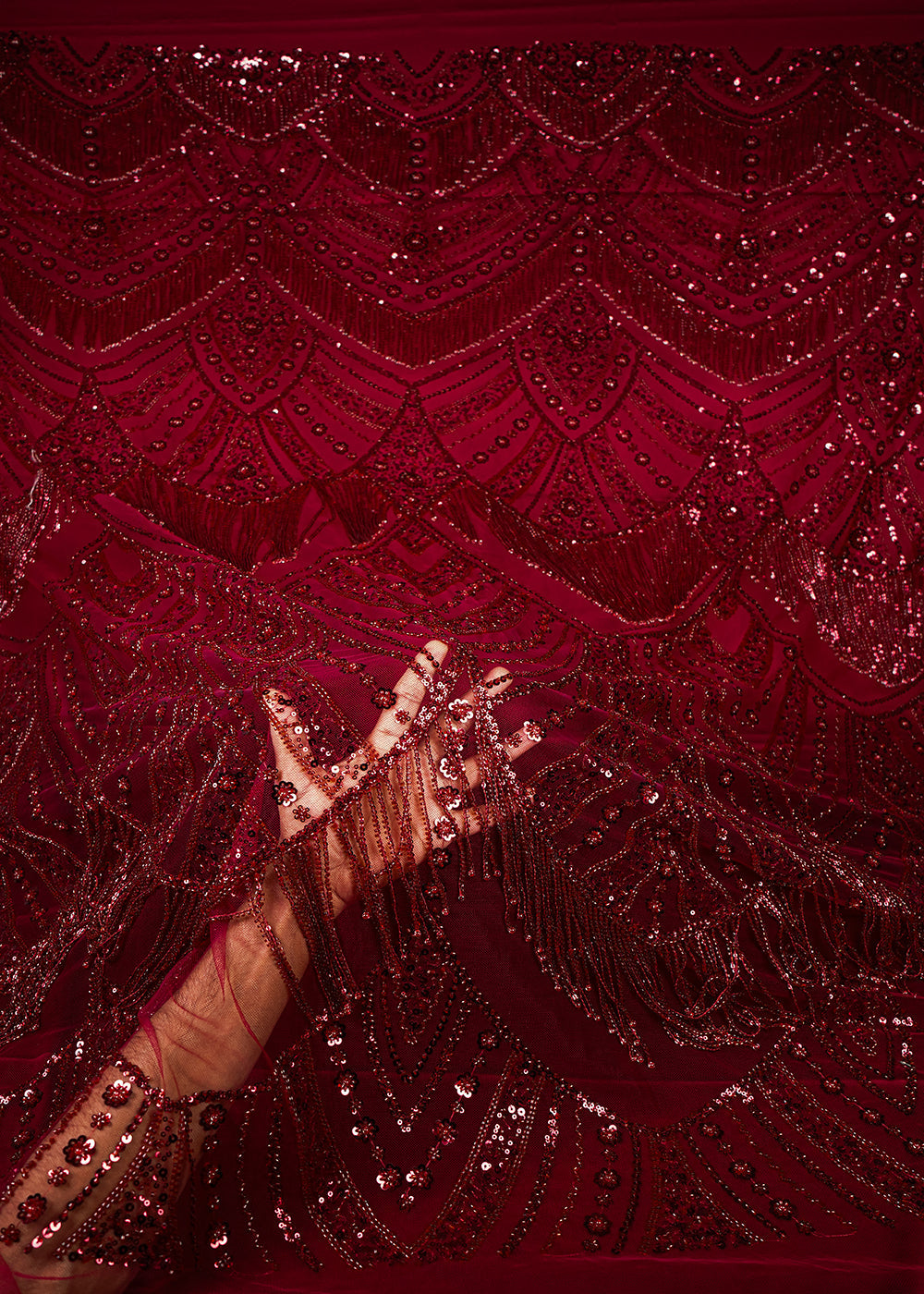 Maroon Imported Net Fabric With All Over Sequins, Katdana And Bead Work With One Side Heavy Border 25653