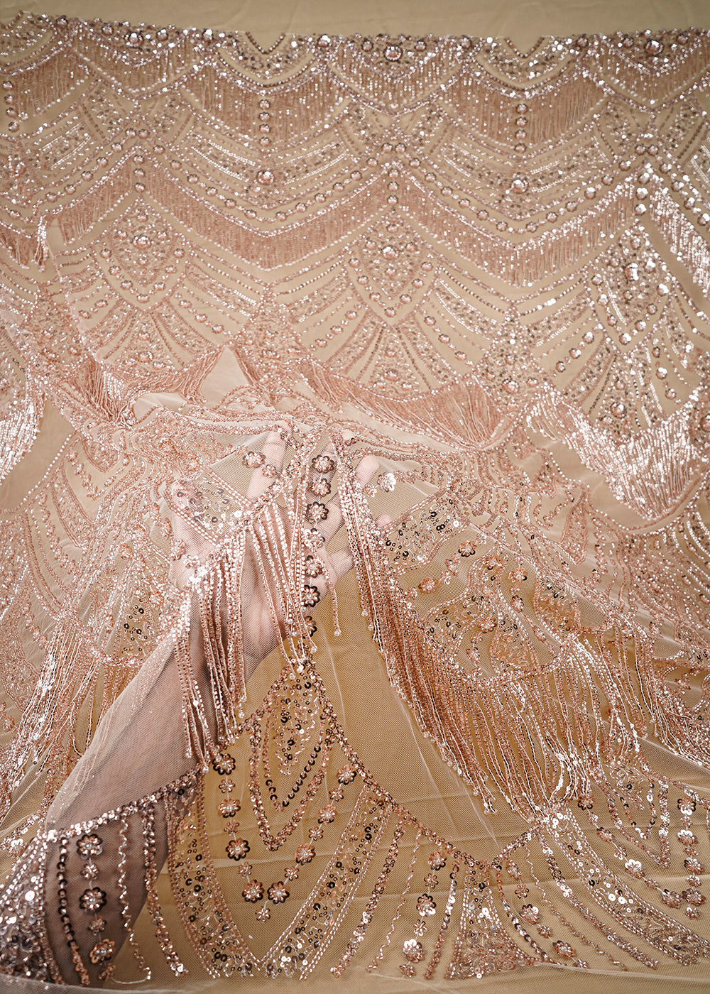 Rose Gold Imported Net Fabric With All Over Sequins, Katdana And Bead Work With One Side Heavy Border 25654