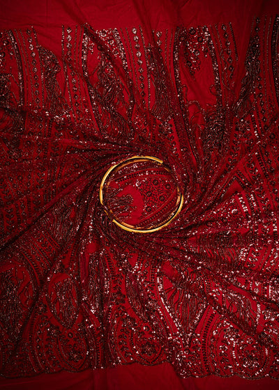 Maroon Imported Net Fabric With All Over Sequins, Katdana And Bead Work With One Side Heavy Border 25655