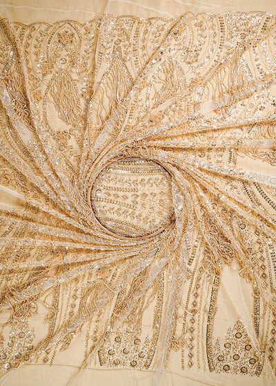 Golden Imported Net Fabric With All Over Sequins, Katdana And Bead Work With One Side Heavy Border 25656