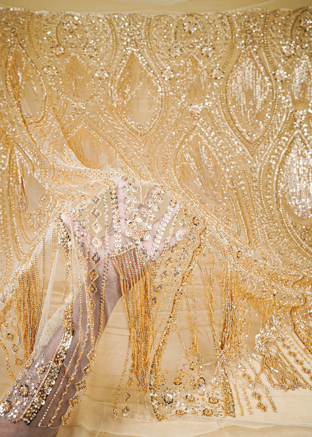Golden Imported Net Fabric With All Over Sequins, Katdana And Bead Work With One Side Heavy Border 25656