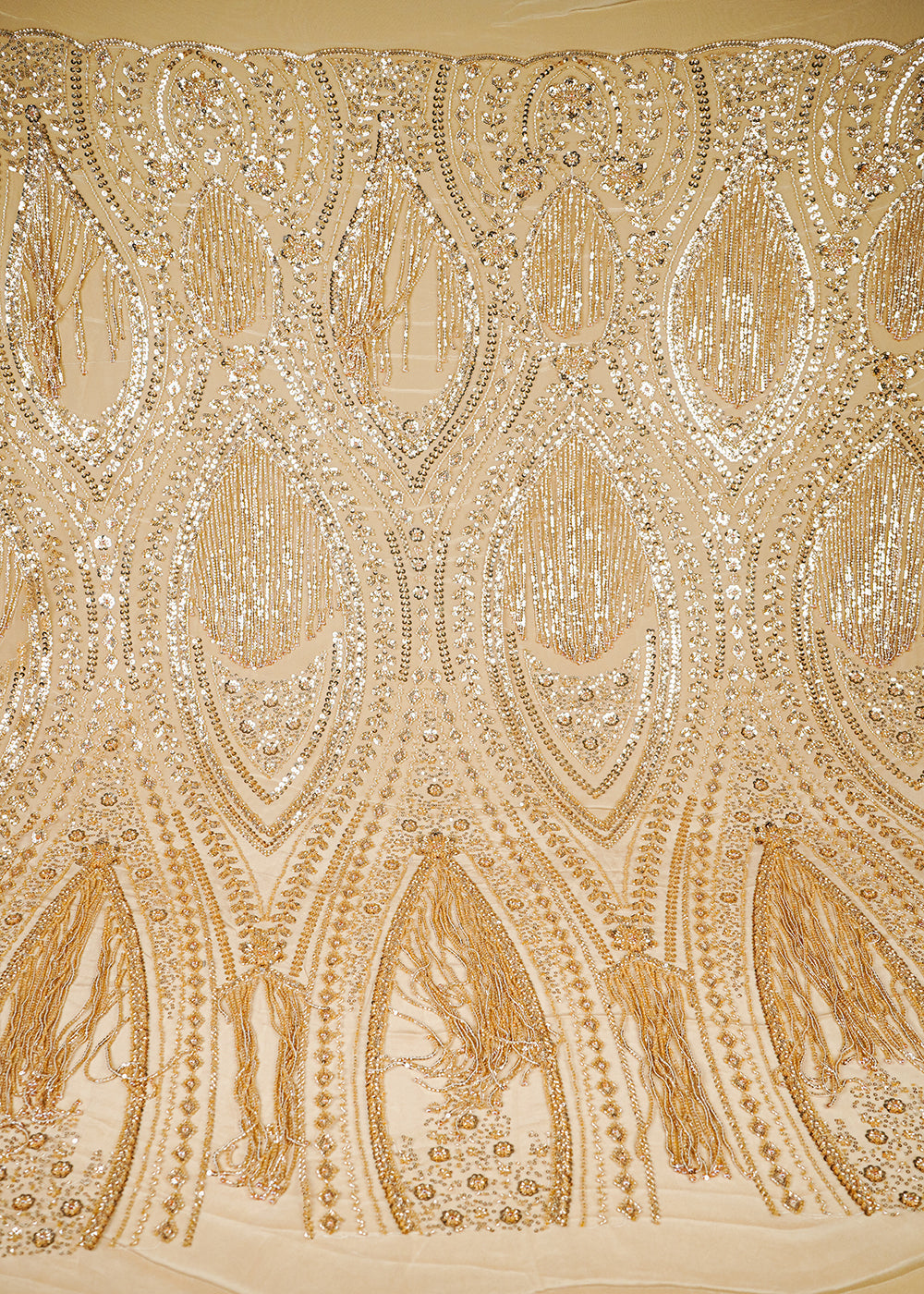 Golden Imported Net Fabric With All Over Sequins, Katdana And Bead Work With One Side Heavy Border 25656
