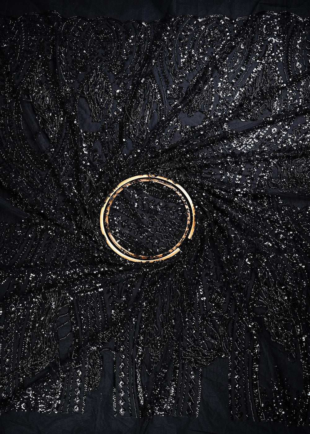 Black Imported Net Fabric With All Over Sequins, Katdana And Bead Work With One Side Heavy Border 25657