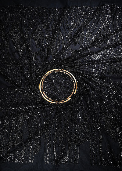 Black Imported Net Fabric With All Over Sequins, Katdana And Bead Work With One Side Heavy Border 25657