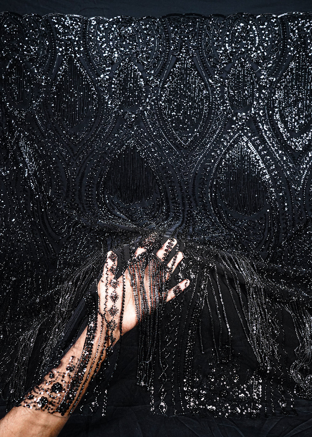 Black Imported Net Fabric With All Over Sequins, Katdana And Bead Work With One Side Heavy Border 25657