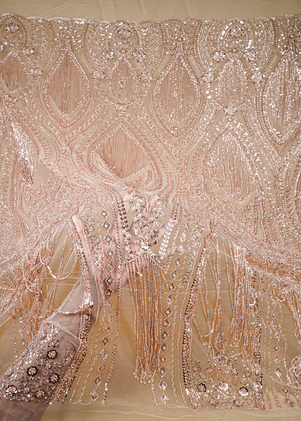 Rose Gold Imported Net Fabric With All Over Sequins, Katdana And Bead Work With One Side Heavy Border 25658