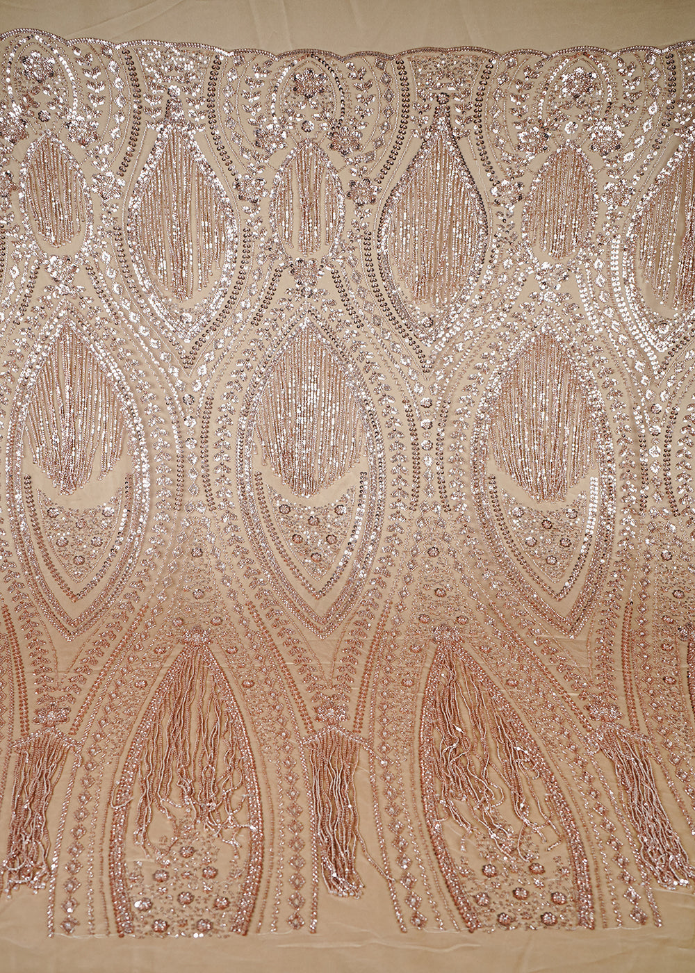 Rose Gold Imported Net Fabric With All Over Sequins, Katdana And Bead Work With One Side Heavy Border 25658