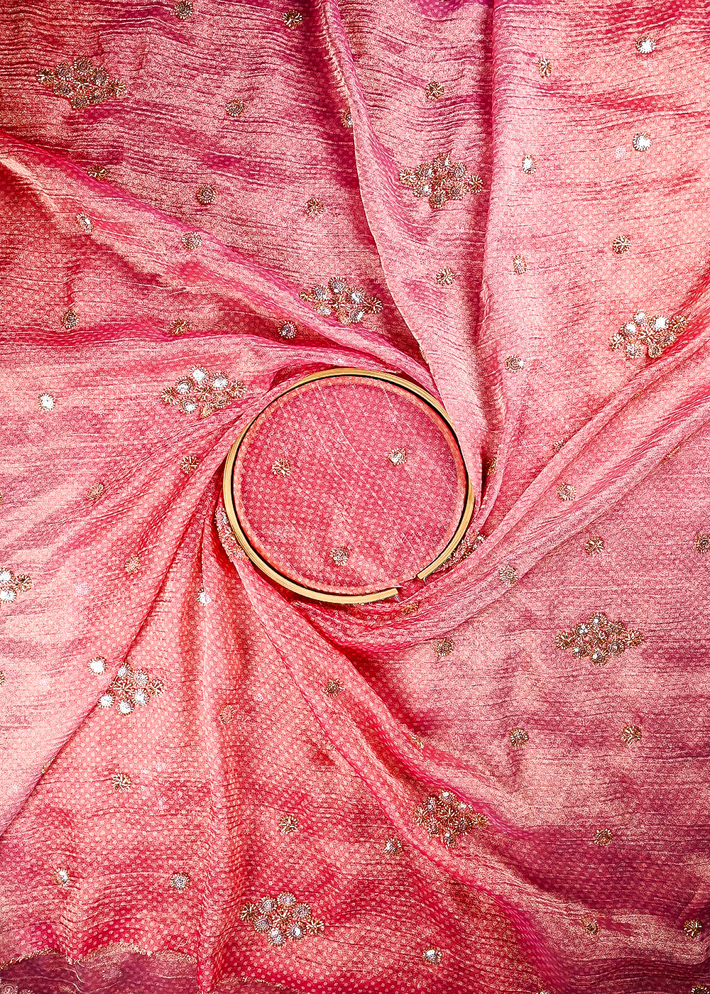 Pink Crushed Tissue Fabric With All Over Sequins And Katdana Work 25659