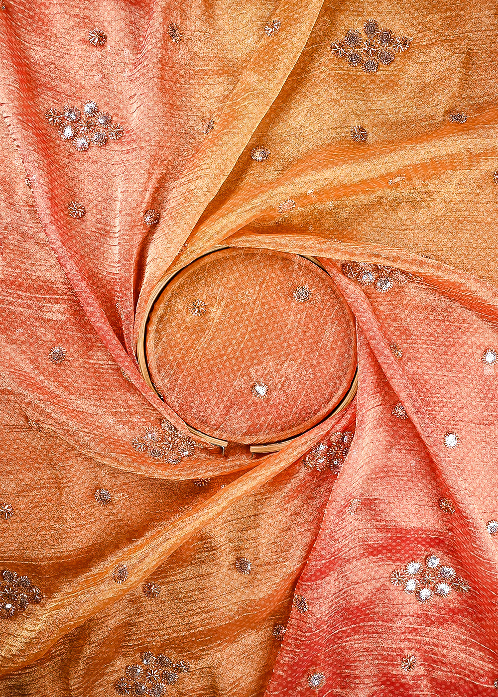 Mustard Crushed Tissue Fabric With All Over Sequins And Katdana Work 25660