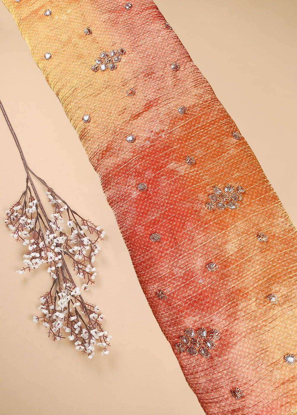 Mustard Crushed Tissue Fabric With All Over Sequins And Katdana Work 25660