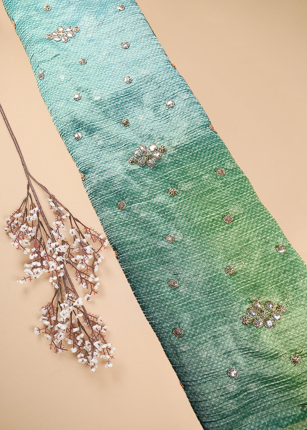 Blue Crushed Tissue Fabric With All Over Sequins And Katdana Work 25661