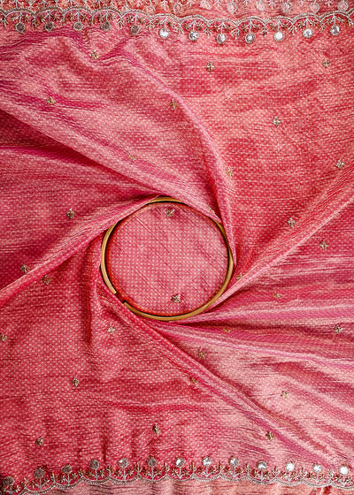 Pink Crushed Tissue Dupatta Fabric With All Over Sequins And Katdana Work With Both Side Border 25662