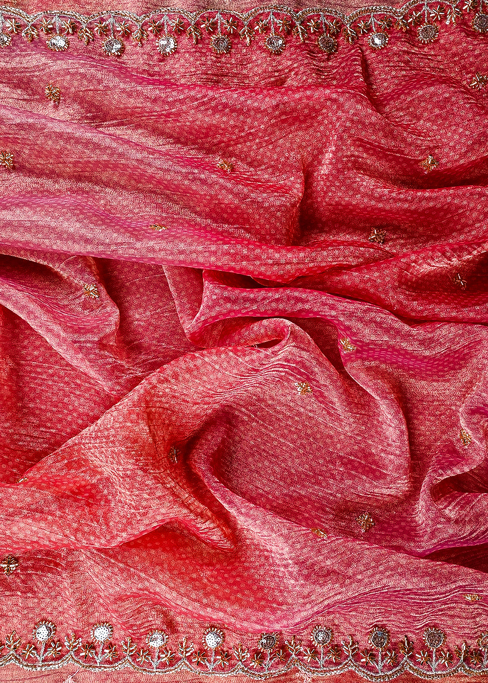 Pink Crushed Tissue Dupatta Fabric With All Over Sequins And Katdana Work With Both Side Border 25662