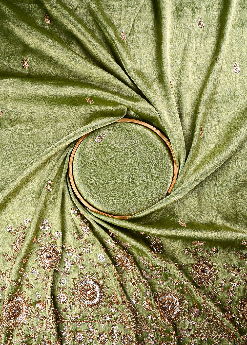 Green Tissue Fabric With All Over Zari, Sequins, Katdana And Stone Work With One Side Border 25668