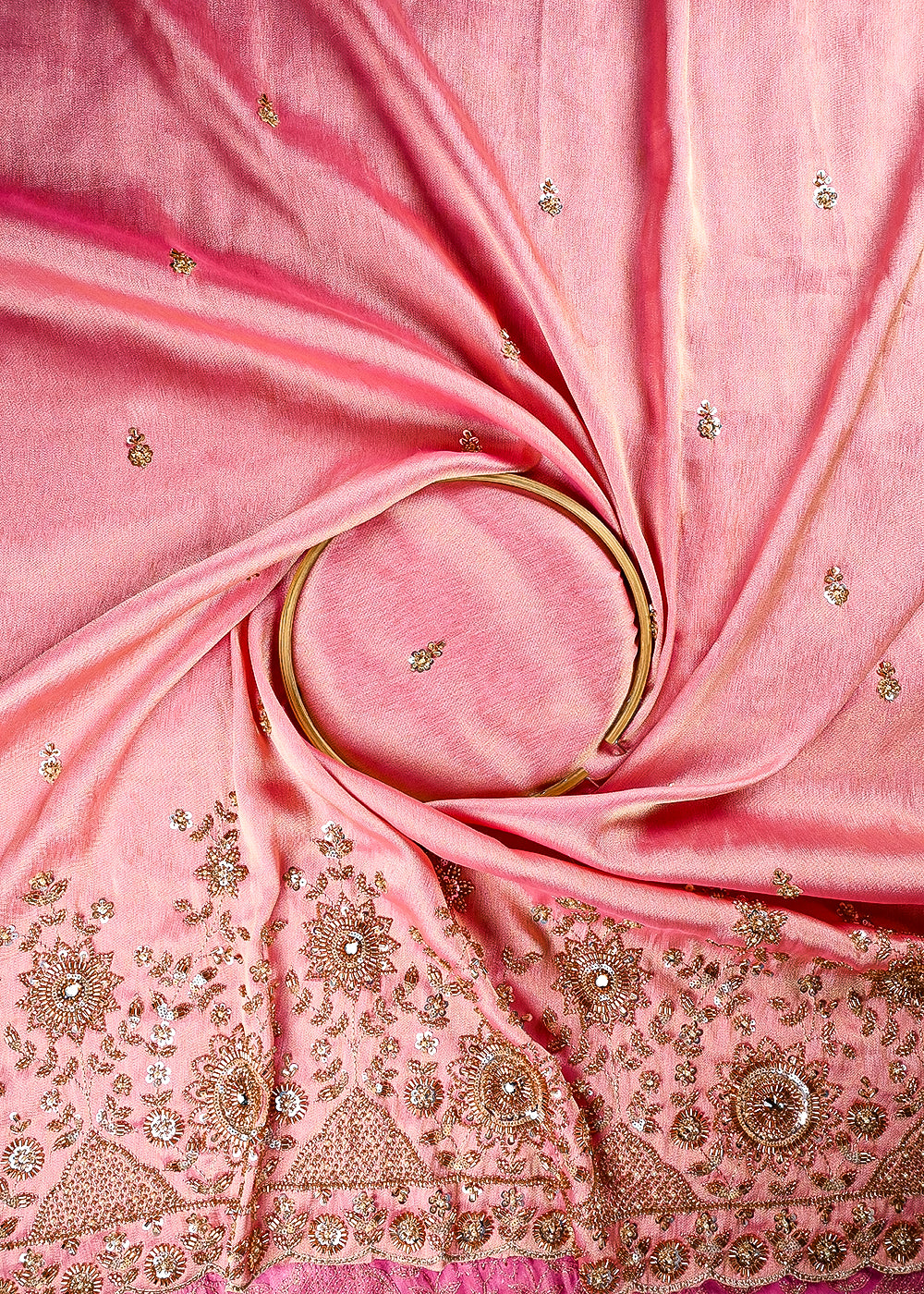 Pink Tissue Fabric With All Over Zari, Sequins, Katdana And Stone Work With One Side Border 25670