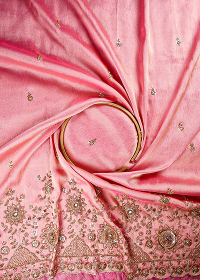 Pink Tissue Fabric With All Over Zari, Sequins, Katdana And Stone Work With One Side Border 25670