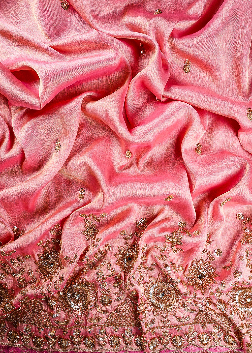 Pink Tissue Fabric With All Over Zari, Sequins, Katdana And Stone Work With One Side Border 25670