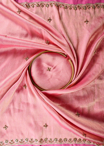 Pink Tissue Dupatta Fabric With All Over Zari, Sequins, Katdana And Stone Work With Both Side Border 25674