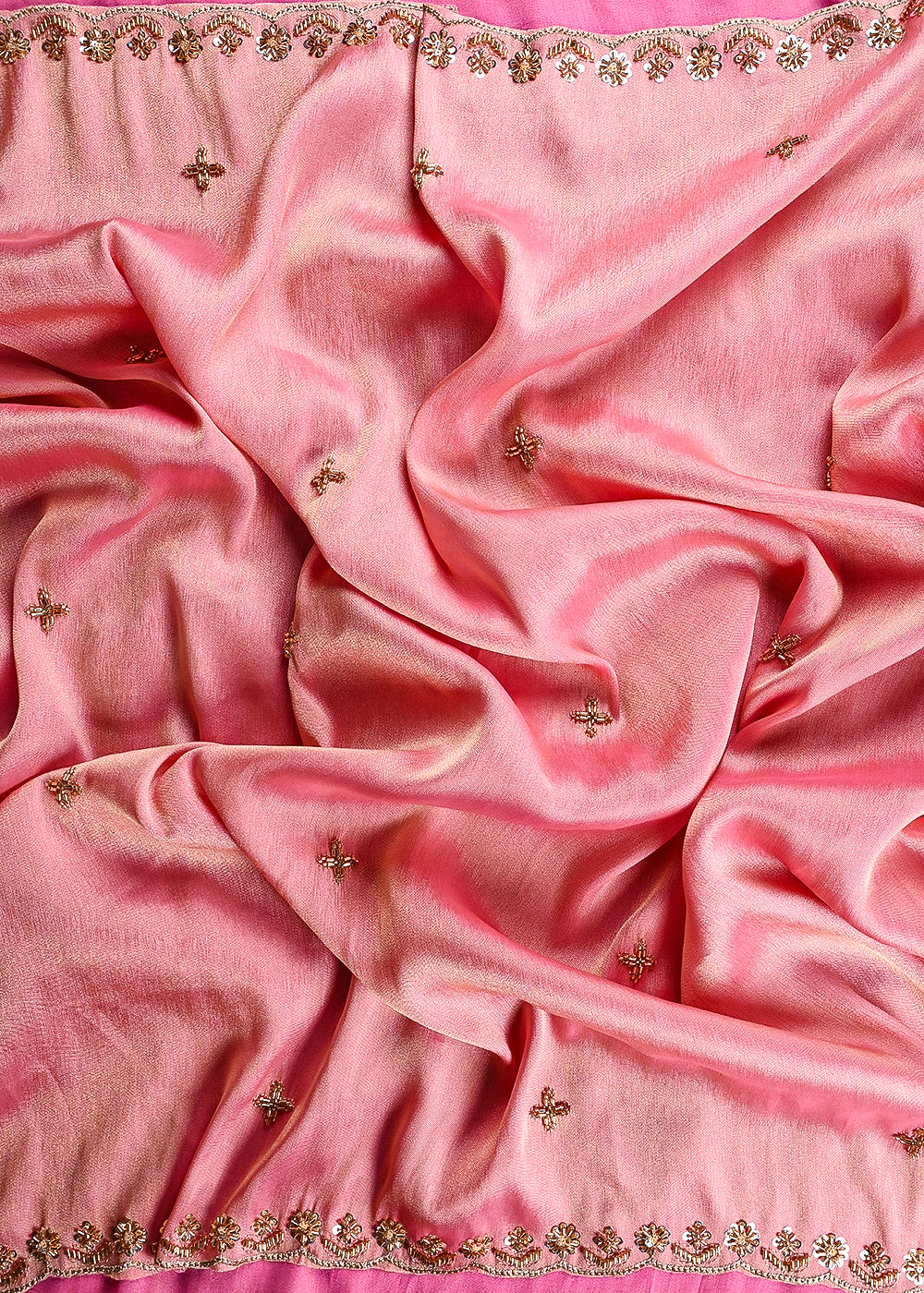 Pink Tissue Dupatta Fabric With All Over Zari, Sequins, Katdana And Stone Work With Both Side Border 25674