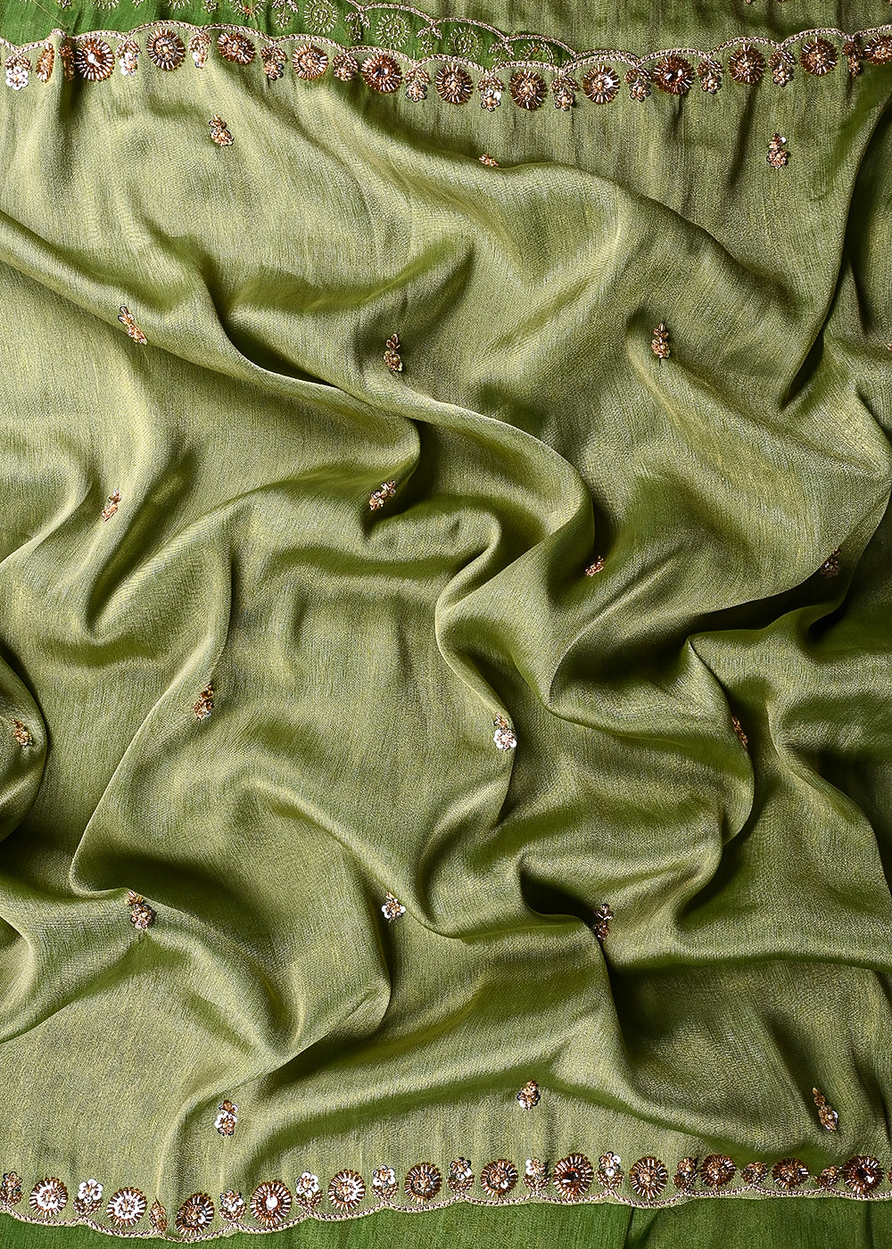 Green Tissue Dupatta Fabric With All Over Zari, Sequins, Katdana And Stone Work With Both Side Border 25675