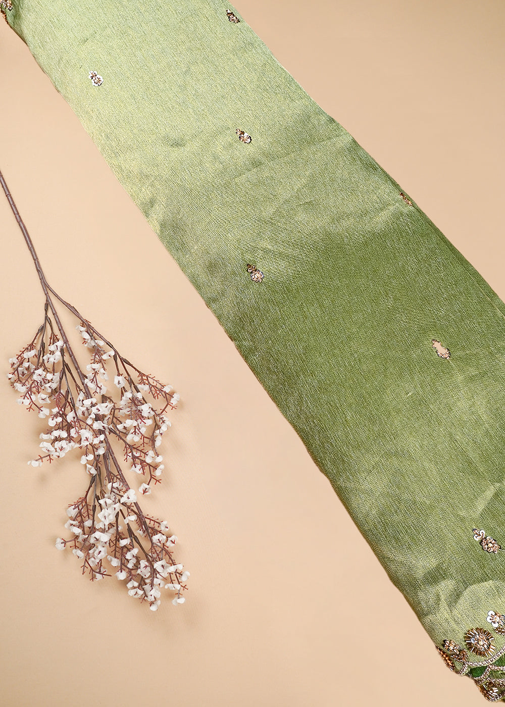 Green Tissue Dupatta Fabric With All Over Zari, Sequins, Katdana And Stone Work With Both Side Border 25675