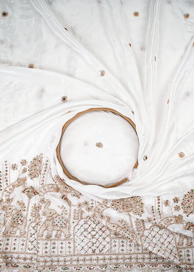 White Dyeable Crepe Fabric With All Over Zari, Sequins And Katdana Work With One Side Heavy Border 25678