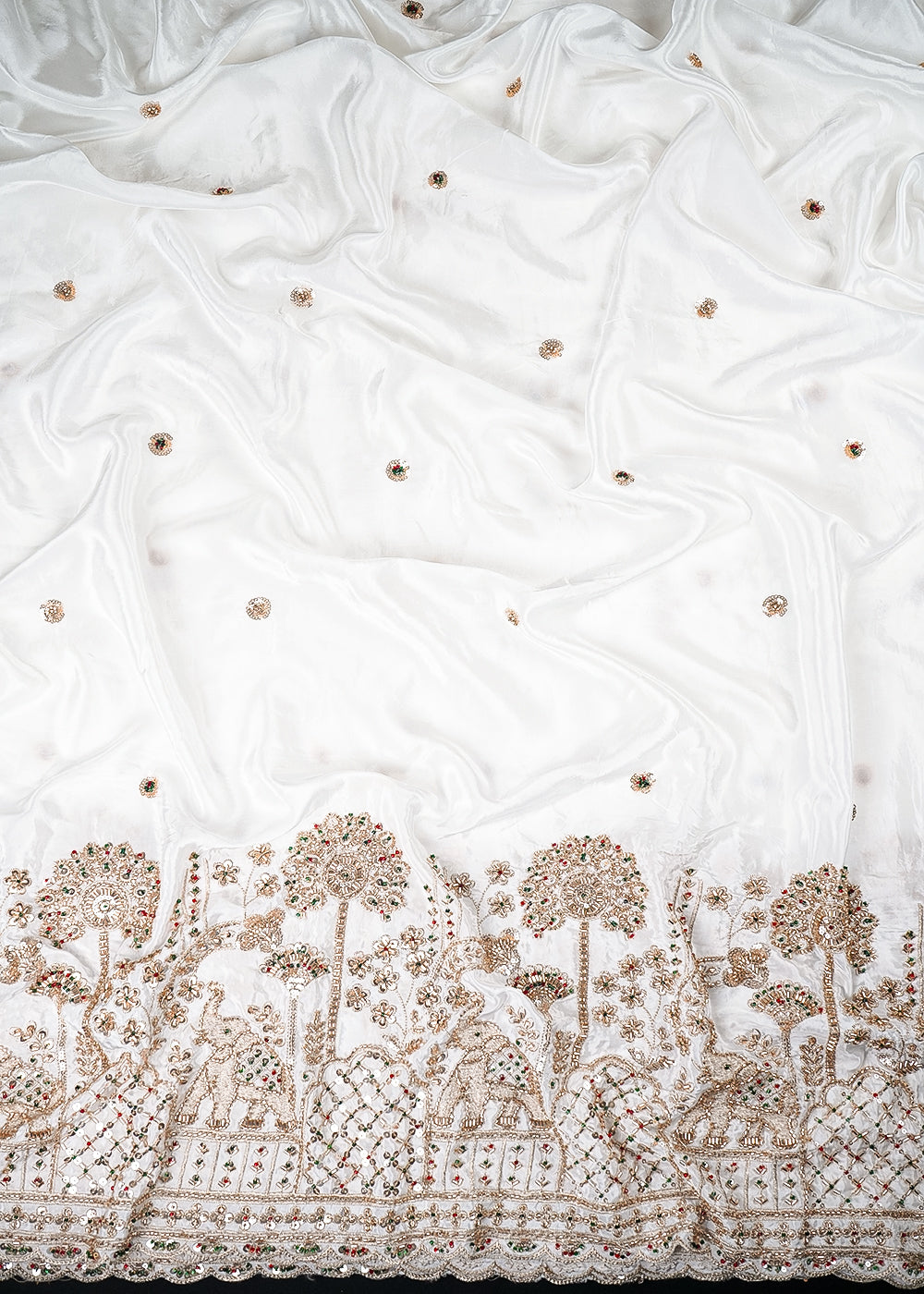 White Dyeable Crepe Fabric With All Over Zari, Sequins And Katdana Work With One Side Heavy Border 25678