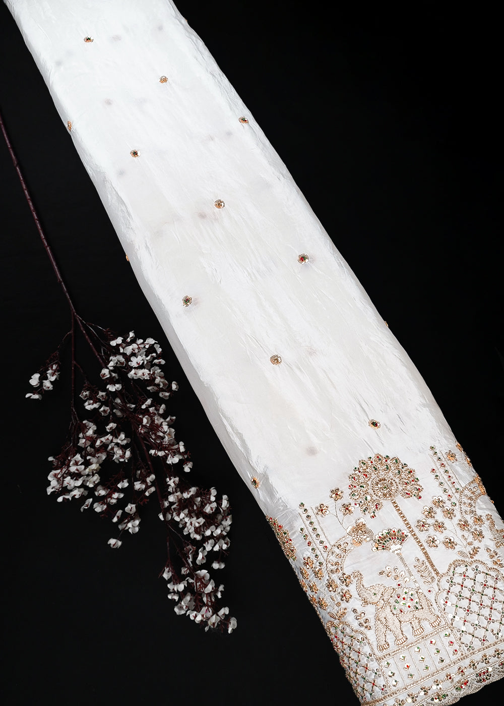 White Dyeable Crepe Fabric With All Over Zari, Sequins And Katdana Work With One Side Heavy Border 25678