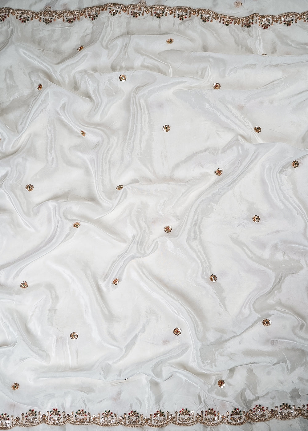 White Dyeable Crepe Dupatta Fabric With All Over Sequins And Katdana Work With Both Side Border 25679