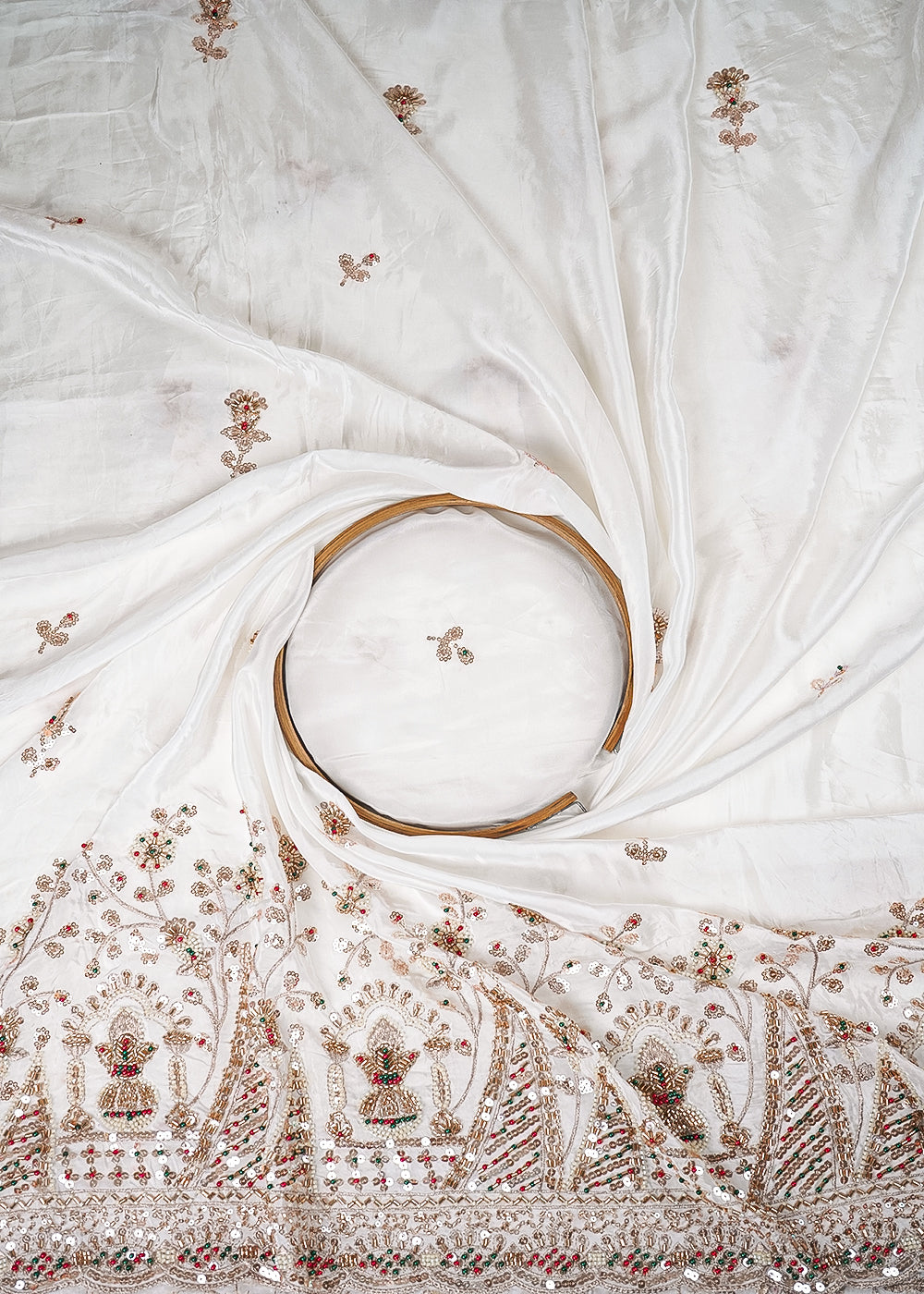 White Dyeable Crepe Fabric With All Over Zari, Sequins, Katdana And Bead Work With One Side Heavy Border 25680