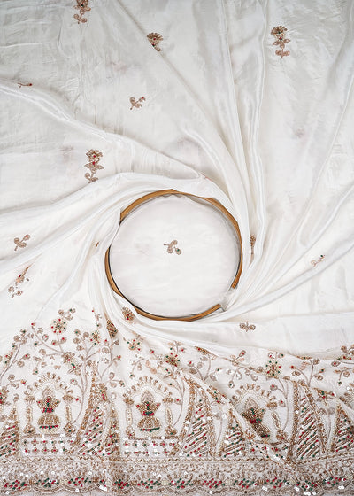 White Dyeable Crepe Fabric With All Over Zari, Sequins, Katdana And Bead Work With One Side Heavy Border 25680