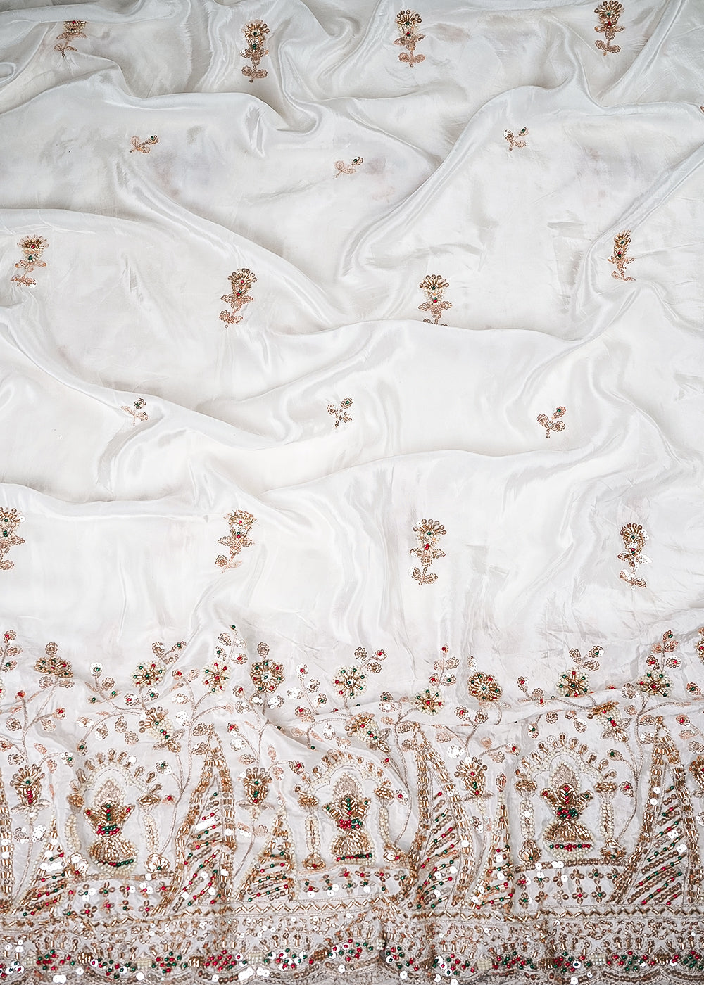 White Dyeable Crepe Fabric With All Over Zari, Sequins, Katdana And Bead Work With One Side Heavy Border 25680