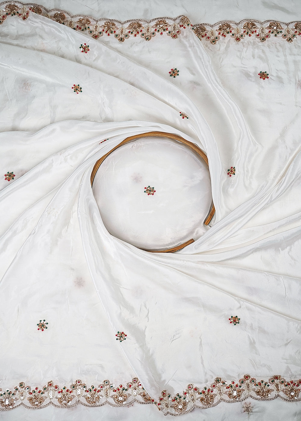 White Dyeable Crepe Dupatta Fabric With All Over Zari, Sequins And Katdana Work With Both Side Border 25681