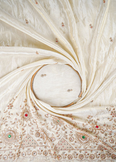 Golden Dyeable Tissue Fabric With All Over Zari, Sequins, Katdana And Stone Work With One Side Heavy Border 25682