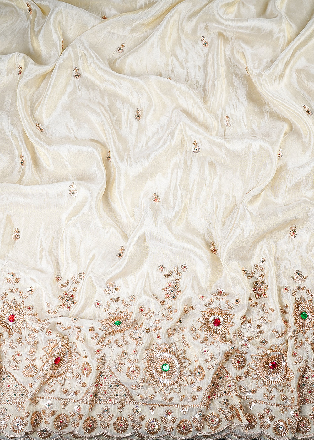 Golden Dyeable Tissue Fabric With All Over Zari, Sequins, Katdana And Stone Work With One Side Heavy Border 25682