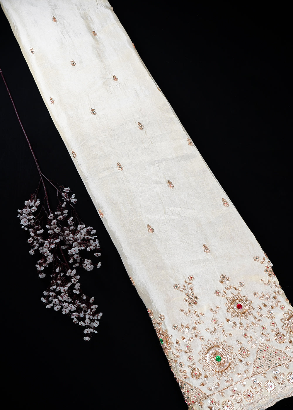 Golden Dyeable Tissue Fabric With All Over Zari, Sequins, Katdana And Stone Work With One Side Heavy Border 25682