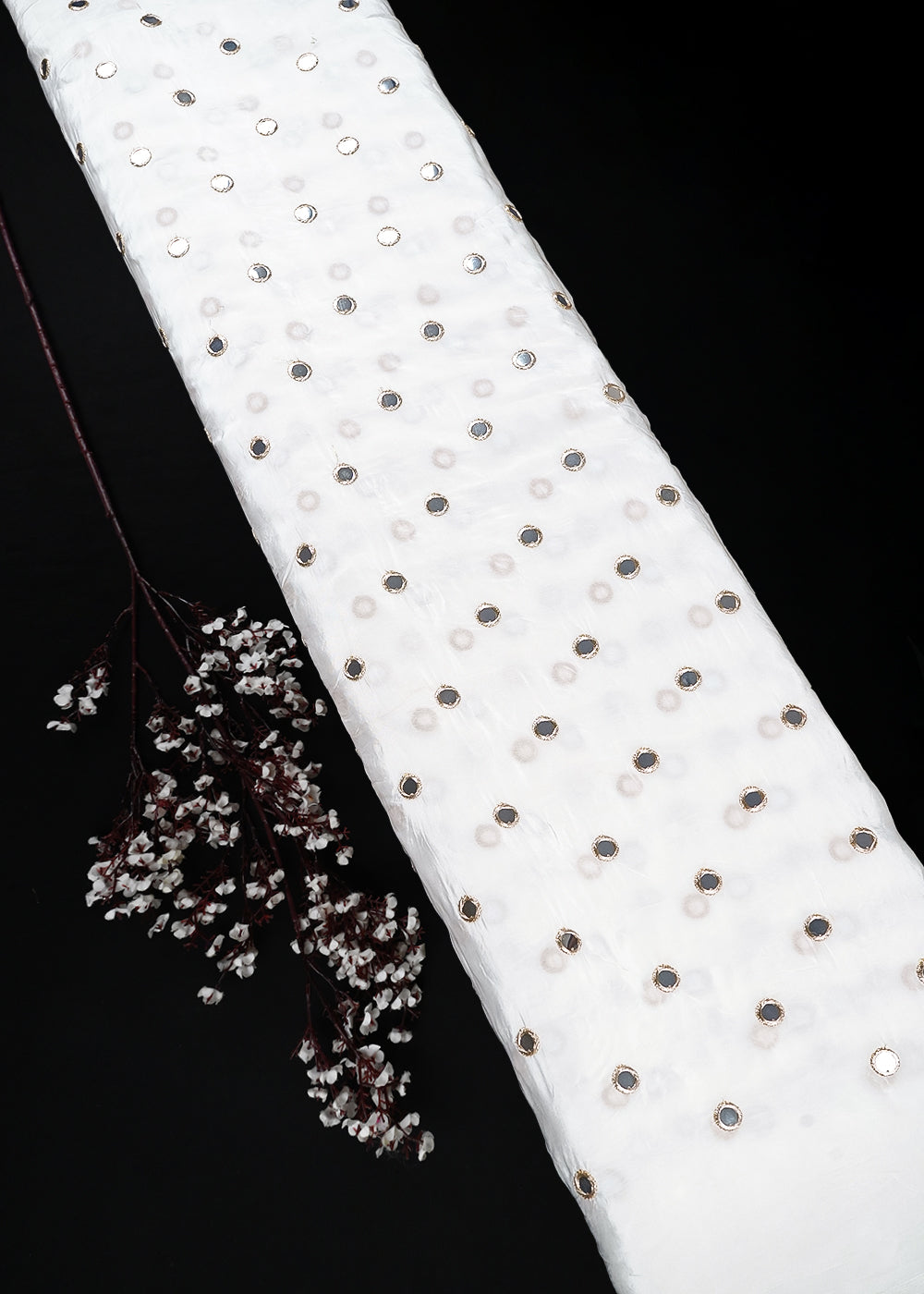 White Dyeable Crepe Fabric With All Over Zari And Faux Mirror Work 25686