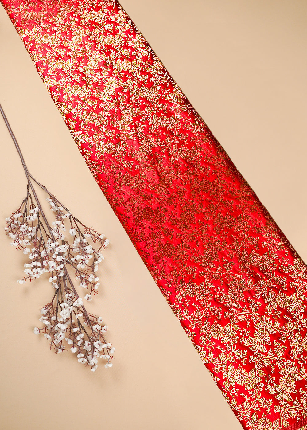 Red Banarasi Brocade Fabric With All Over Thread And Zari Handloom 25692